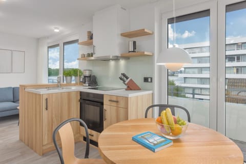 Kitchen or kitchenette, Living room, Seating area, Dining area, stove
