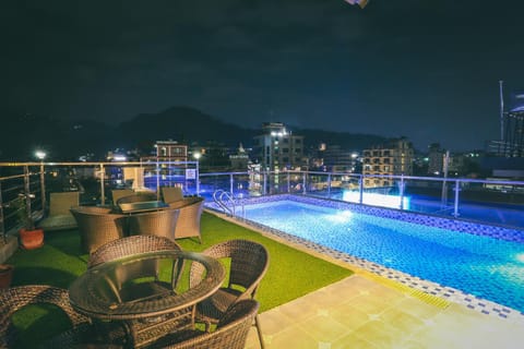 Night, Pool view, Swimming pool, Swimming pool