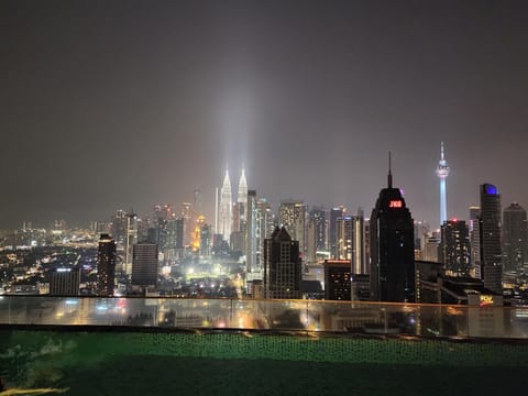 Night, City view, Swimming pool