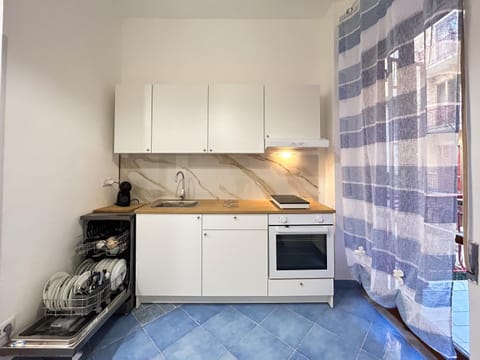 Kitchen or kitchenette, dishwasher, stove, toaster