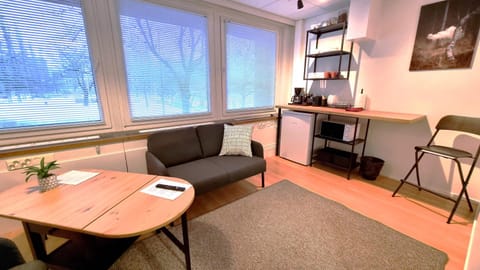 Kitchen or kitchenette, Living room, Seating area, Dining area