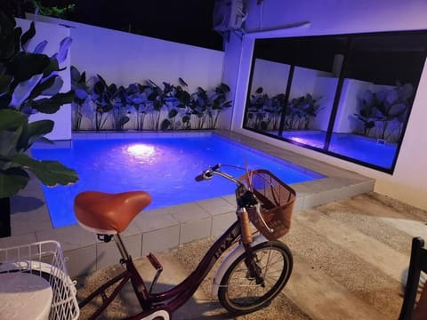 Night, Cycling, Pool view, Swimming pool, sunbed