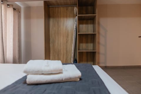 Bed, Bedroom, furniture, towels, wardrobe