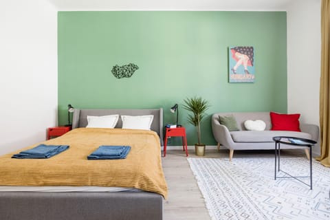 Bed, Living room, Seating area