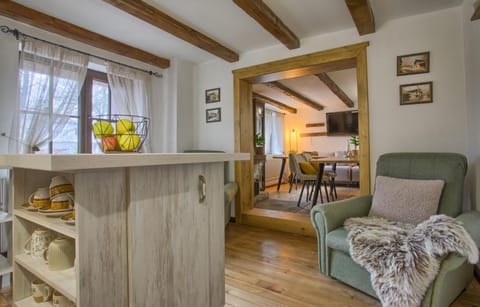 Kitchen or kitchenette, Living room, Seating area, Dining area