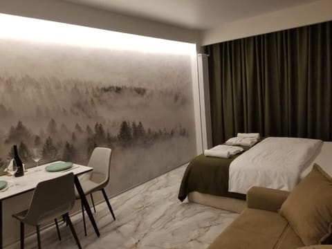 Bed, Seating area, Bedroom