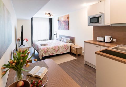 Bed, TV and multimedia, Kitchen or kitchenette, Living room, Photo of the whole room, Bedroom, furniture, microwave, stove, toaster, kitchen