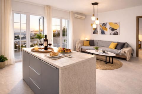 Kitchen or kitchenette, Living room, Seating area, Dining area, Food, air conditioner
