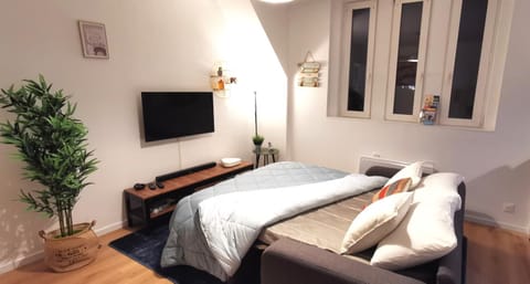 Bed, TV and multimedia, Living room, Seating area, group of guests, air conditioner