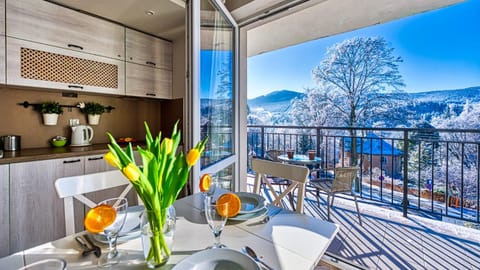 Balcony/Terrace, Kitchen or kitchenette, Dining area, Mountain view