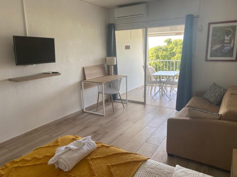 Bed, TV and multimedia, Balcony/Terrace, Living room, Photo of the whole room, Seating area, Dining area, Bedroom, towels, air conditioner