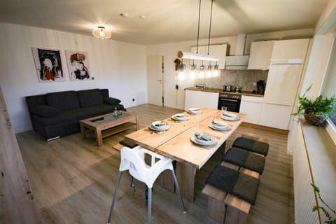 Kitchen or kitchenette, Living room, Seating area, Dining area, stove
