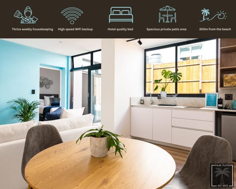 Kitchen or kitchenette, Living room, Text overlay