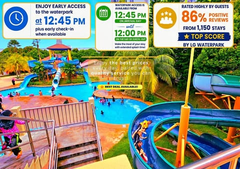Communal lounge/ TV room, Natural landscape, Children play ground, Aqua park, Evening entertainment, Text overlay, Pool view, Swimming pool