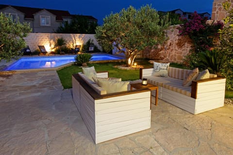 Patio, Night, Garden, Garden view, Pool view, Swimming pool, sunbed