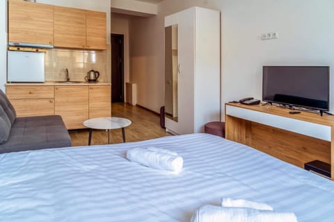 Bed, TV and multimedia, Kitchen or kitchenette, Bedroom, hair dresser, towels