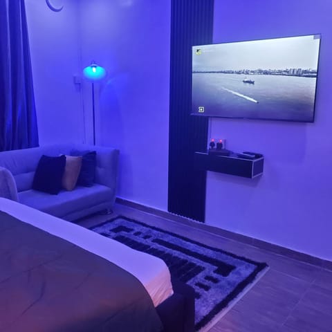 Bed, TV and multimedia, Living room, Seating area, Evening entertainment, Bedroom