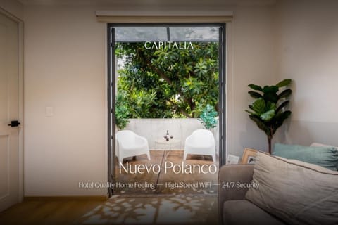 Garden, View (from property/room), Balcony/Terrace, Living room, Seating area, Dining area, Text overlay, City view, Street view