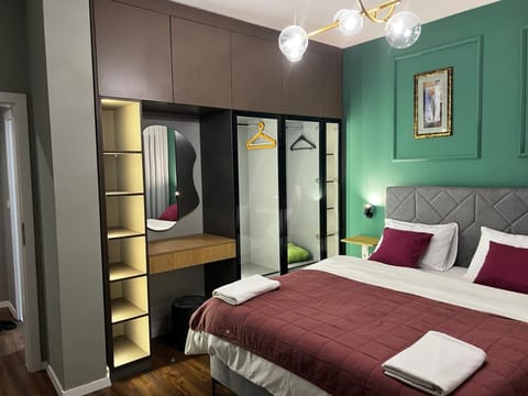 Bed, wardrobe