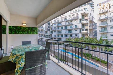 Property building, Balcony/Terrace, Dining area, Pool view, Swimming pool