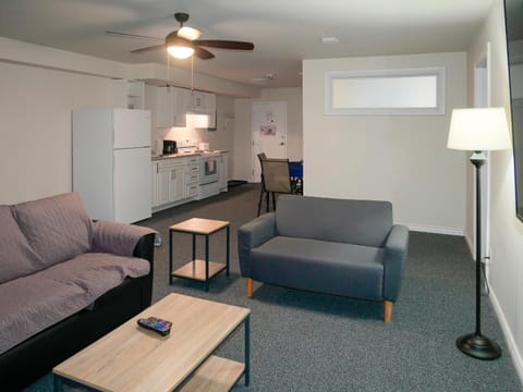 Kitchen or kitchenette, Living room, Seating area, Dining area, fireplace, minibar, pet friendly
