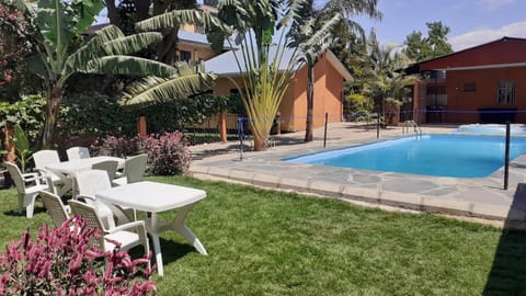 Property building, Patio, Spring, Day, Garden, Garden view, Pool view, Swimming pool, sunbed