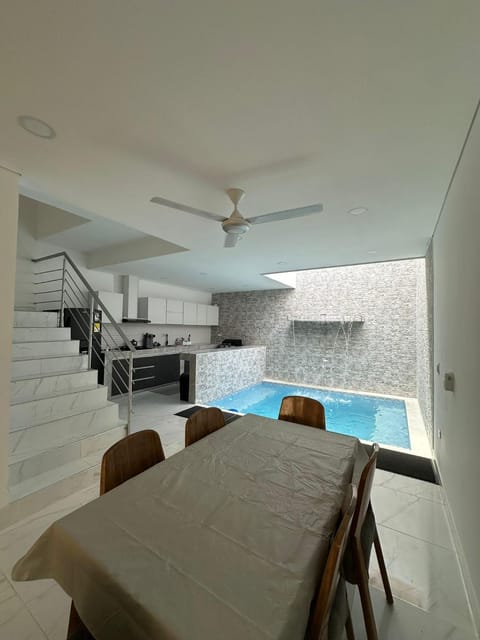 Dining area, Pool view, Swimming pool, fireplace