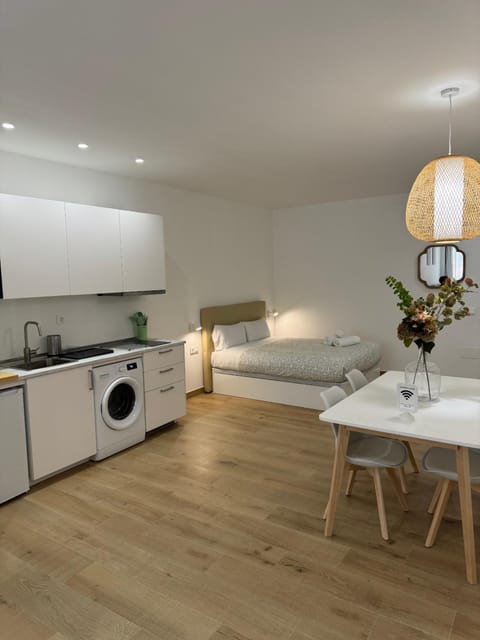 Bed, Kitchen or kitchenette, Photo of the whole room, Dining area, Bedroom, minibar, stove, washing machine