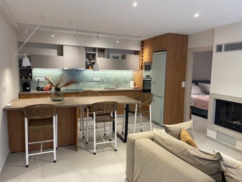 Kitchen or kitchenette, Living room, Dining area, fireplace, stove