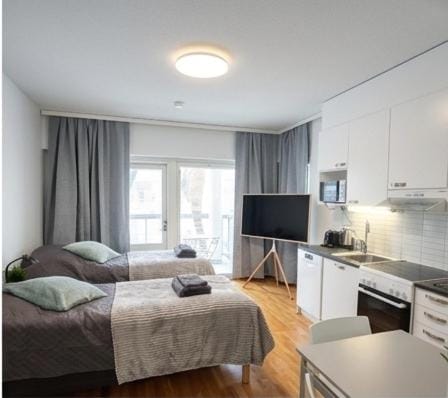 Bed, TV and multimedia, Kitchen or kitchenette, Living room, Photo of the whole room, Bedroom, stove, towels