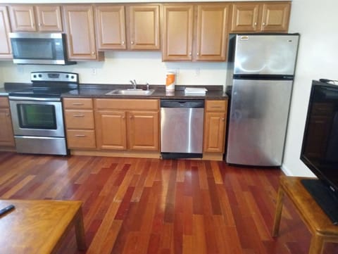 Kitchen or kitchenette, dishwasher, stove
