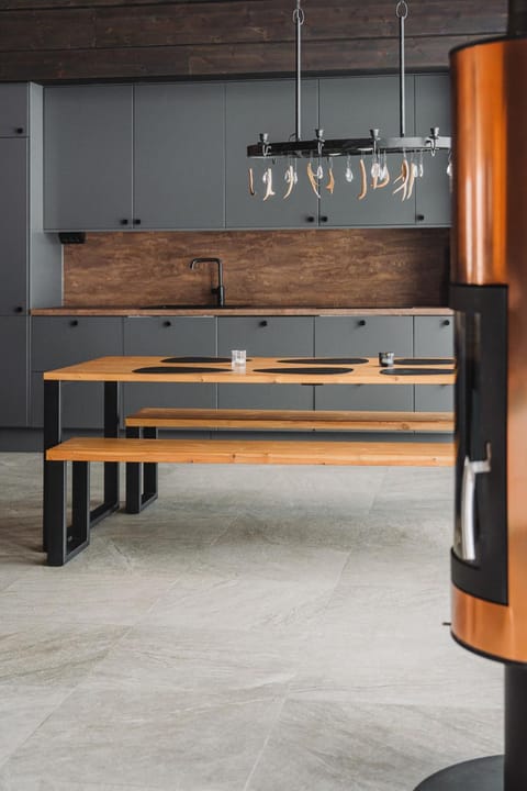 Dining area, fireplace, kitchen