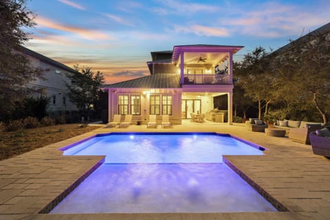 Property building, Patio, Seating area, Swimming pool, Sunset