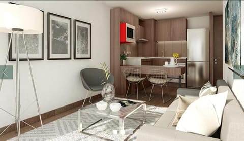 Kitchen or kitchenette, Living room, Seating area, Dining area