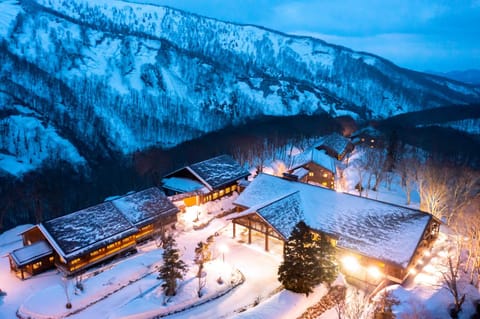 Property building, Facade/entrance, Night, Natural landscape, Bird's eye view, Winter, Mountain view