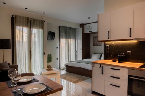 Kitchen or kitchenette, Living room, Seating area, Dining area, stove
