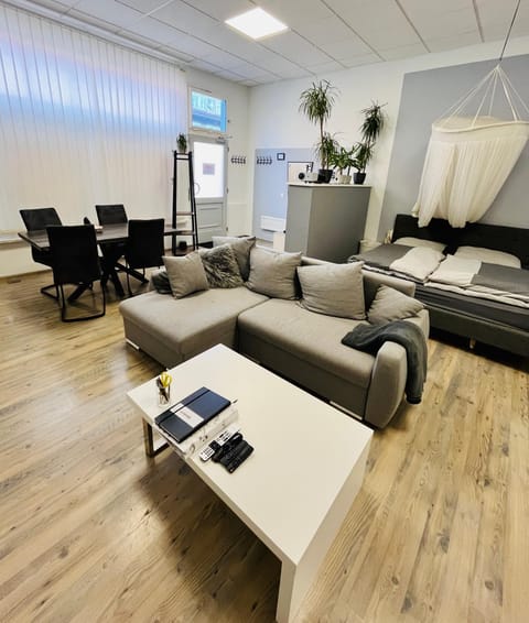 Bed, Living room, Seating area, Dining area