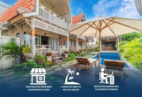 Property building, Patio, Garden, Balcony/Terrace, Text overlay, Garden view, Pool view, Swimming pool