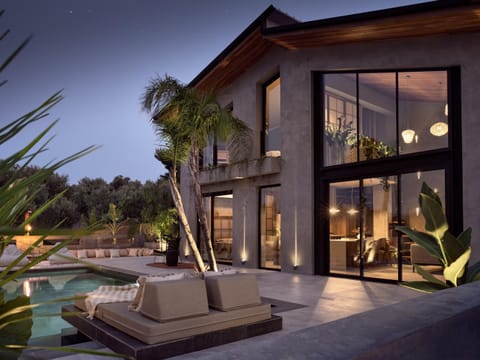 Property building, Patio, Night, Natural landscape, Pool view, Swimming pool, sunbed