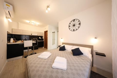 Bed, Kitchen or kitchenette, Photo of the whole room, Bedroom, minibar, stove, towels, air conditioner