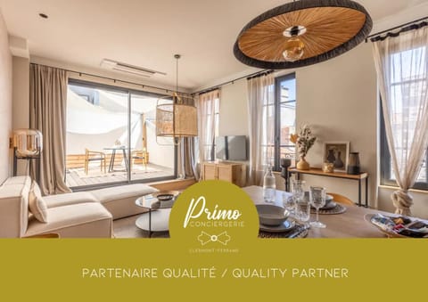 Patio, Living room, Dining area, Text overlay, concierge
