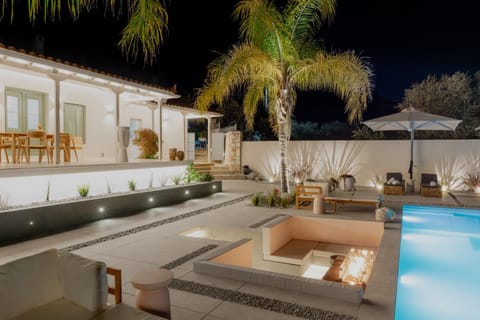 Night, Natural landscape, Seating area, Pool view, Swimming pool, fireplace, sunbed