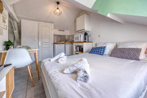Bed, Kitchen or kitchenette, Photo of the whole room, Dining area, Bedroom, minibar, oven, pet friendly, stove, towels