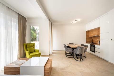 Kitchen or kitchenette, Living room, Seating area, Dining area