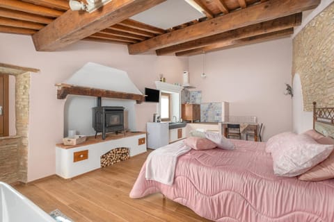 Bath, fireplace, kitchen