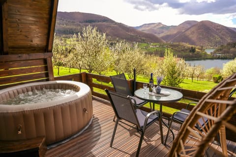 Patio, Nearby landmark, Spring, Day, Natural landscape, Hot Tub, View (from property/room), Dining area, Garden view, Lake view, Mountain view, River view