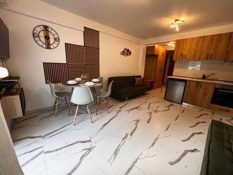 Kitchen or kitchenette, Living room, Seating area, Dining area, stove