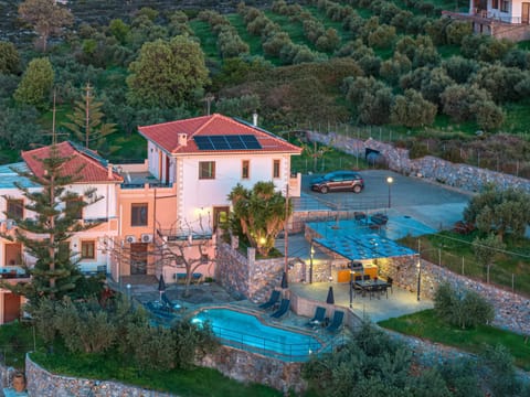 Property building, Spring, Day, Natural landscape, Bird's eye view, Pool view, Street view, Swimming pool, Location, Parking