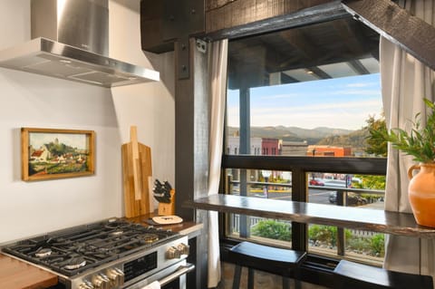 View (from property/room), Dining area, City view, Mountain view, River view, oven, stove, kitchen