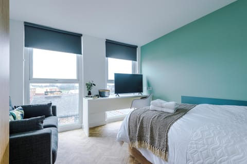 Bed, TV and multimedia, View (from property/room), Seating area, Bedroom, City view